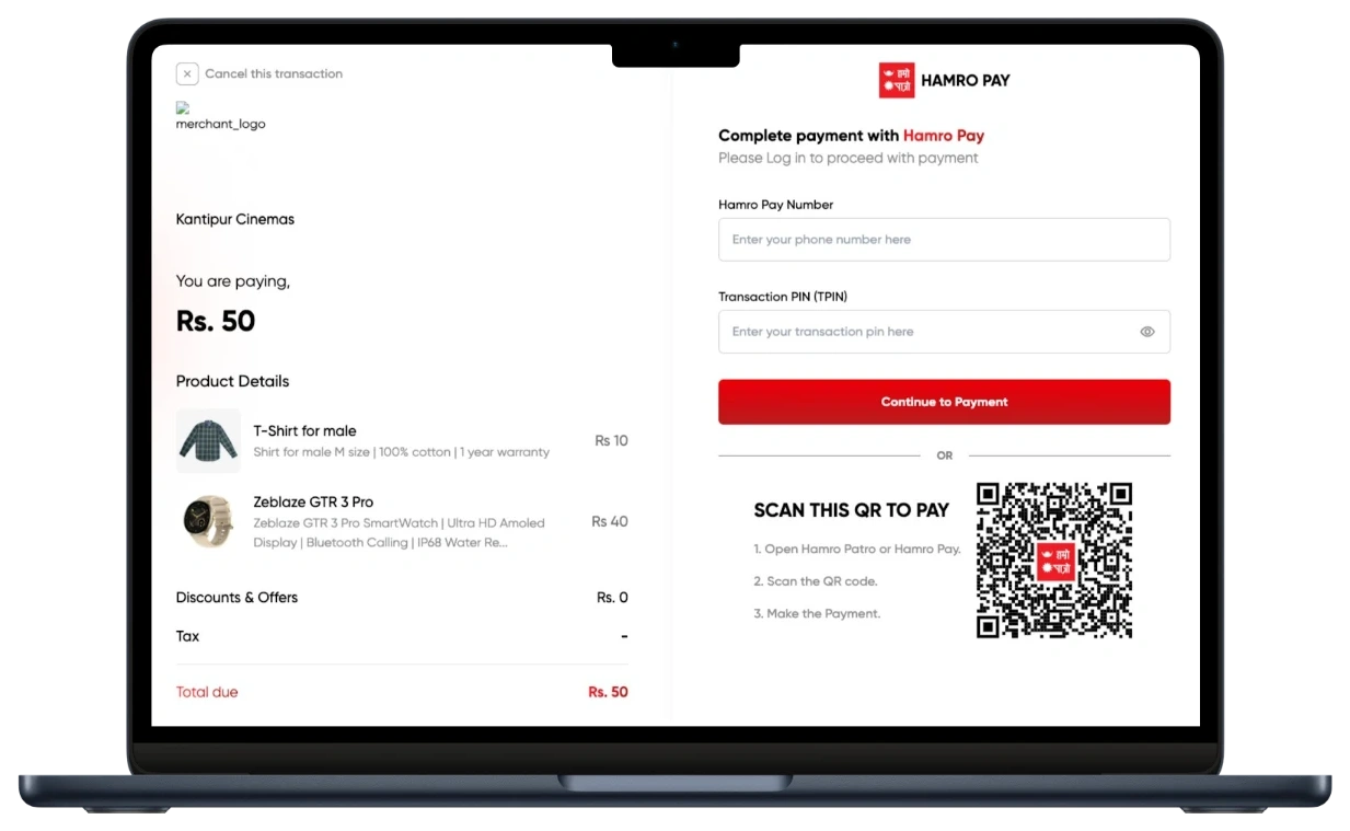 Hamro Pay Web Portal Checkout UI Mockup